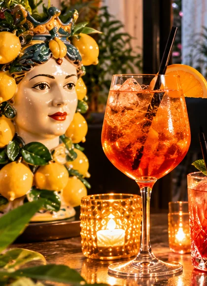 Spritz servi près d’une tête sicilienne ornée de citrons